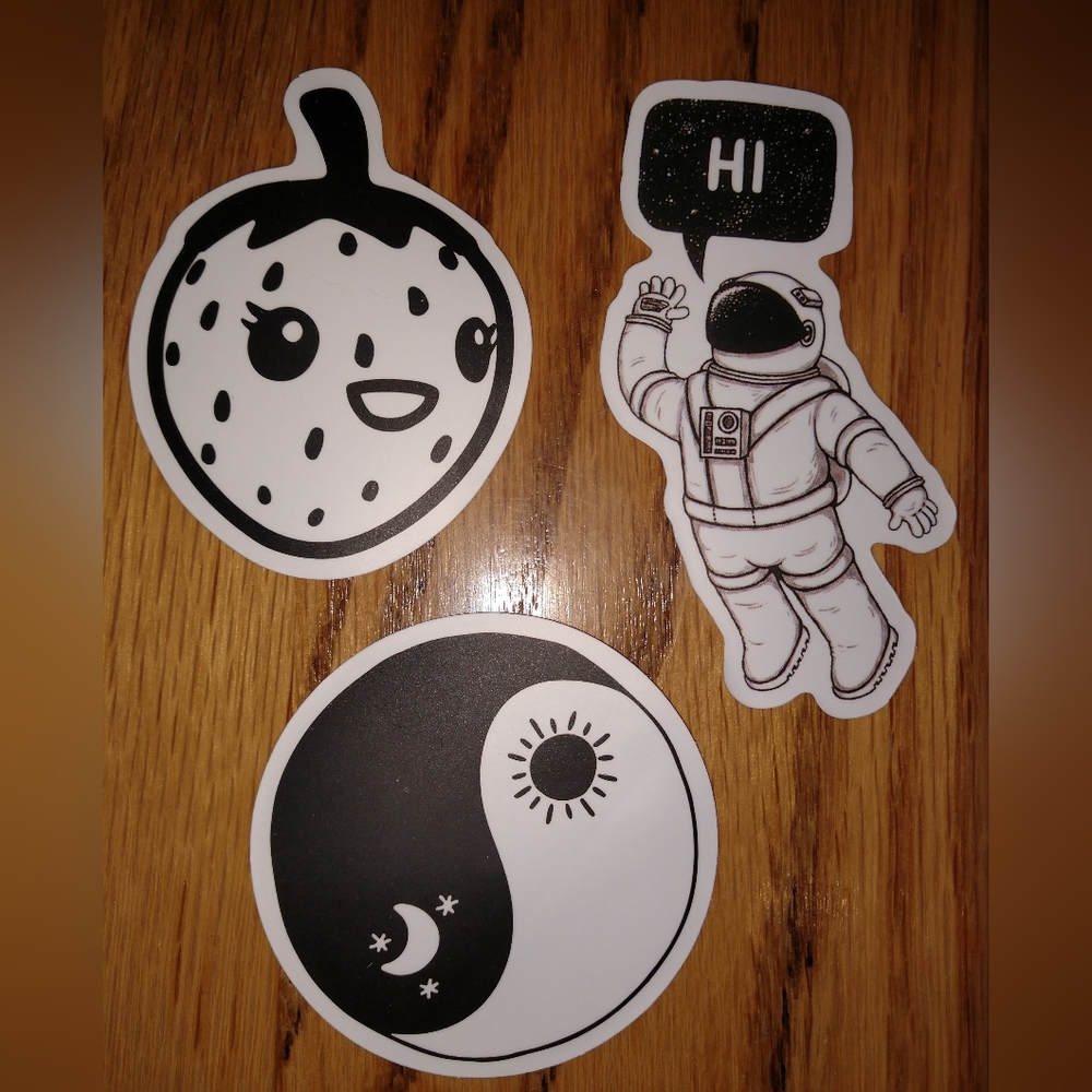 3 black & white professionally made stickers, NEW never used.  Set 1